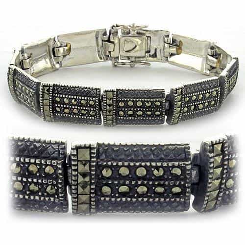 Sterling Silver Marcasite Rectangle Link Bracelet view 1