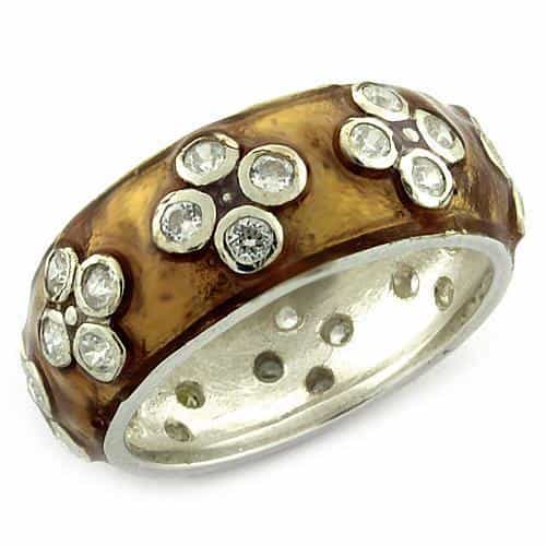 Sterling Silver Gold Enamel CZ Bezel Scattered Wide Band Ring view 1