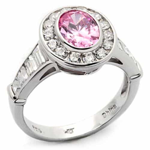 Sterling Silver Pink CZ Round Bezel Baguette Halo Ring view 1