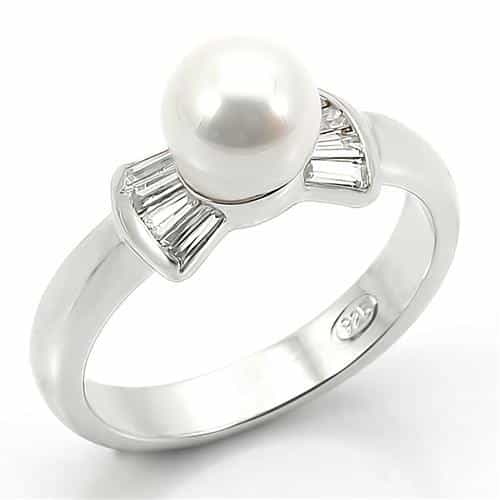 Sterling Silver White Pearl CZ Baguette Bypass Solitaire Ring view 1