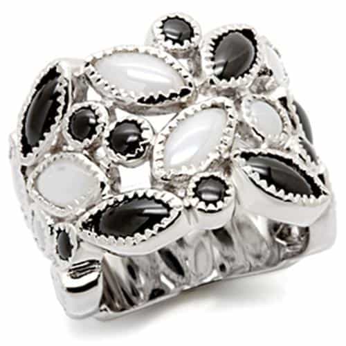 Sterling Silver Mother of Pearl Black Onyx CZ Floral Dome Ring view 1