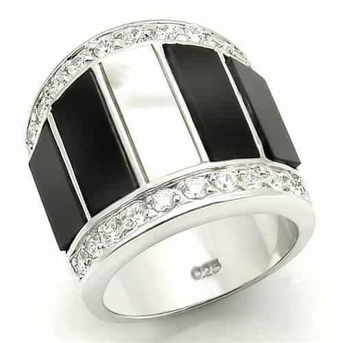 Sterling Silver Black Onyx CZ Stripe Wide Band Ring view 2
