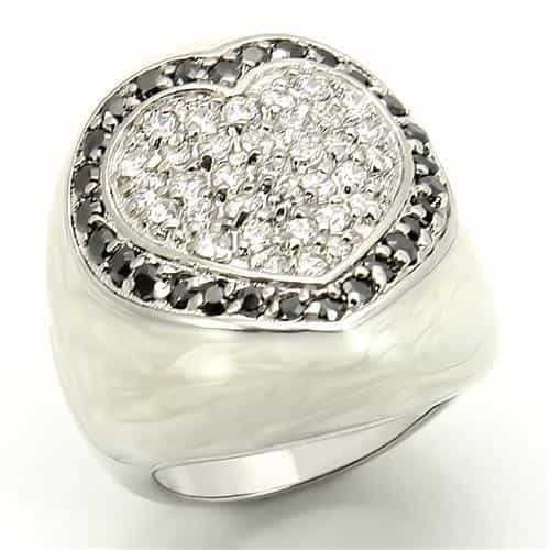 Sterling Silver White Enamel CZ Heart Black CZ Halo Dome Ring view 1