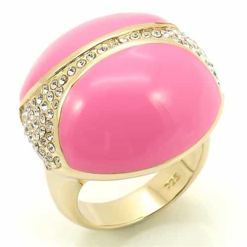Sterling Silver Gold Pink Enamel CZ Pave Dome Cocktail Ring view 1
