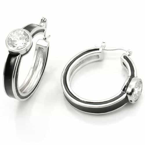 Sterling Silver Black Enamel CZ Bezel Huggie Hoop Earrings view 1