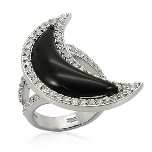 Sterling Silver Black Onyx CZ Crescent Moon Cocktail Ring view 1