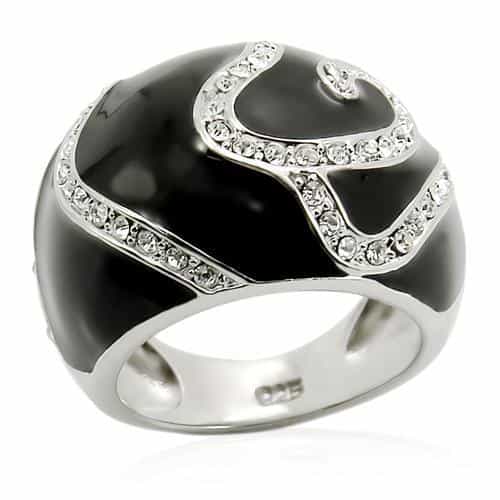 Sterling Silver Black Enamel CZ Pave Swirl Dome Ring view 1