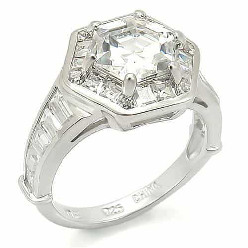 Sterling Silver CZ Emerald Hexagon Halo Baguette Ring view 1