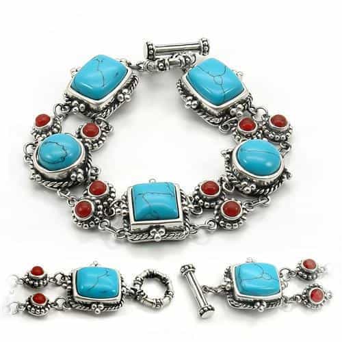 Sterling Silver Turquoise Red Coral Cabochon Toggle Bracelet view 1