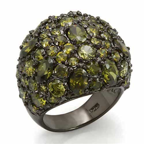 Sterling Silver Black Rhodium Olive Green CZ Pave Dome Ring view 1