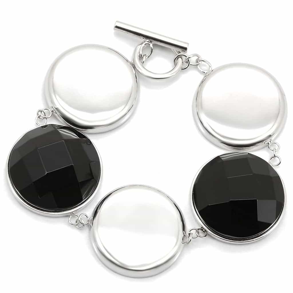 Sterling Silver Black White Circle Disc Toggle Bracelet view 1