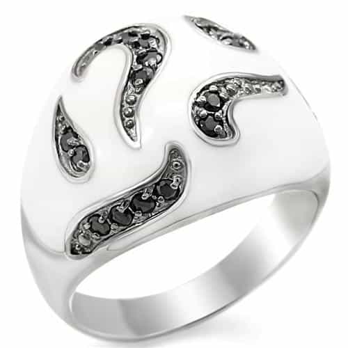Sterling Silver White Enamel Black CZ Wave Dome Ring view 1