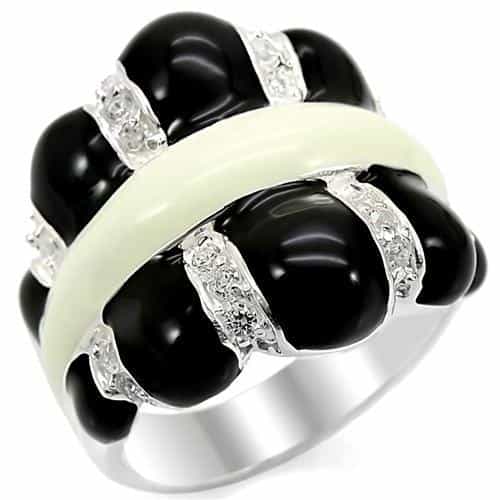 Sterling Silver Black White Enamel CZ Ribbon Dome Ring view 1