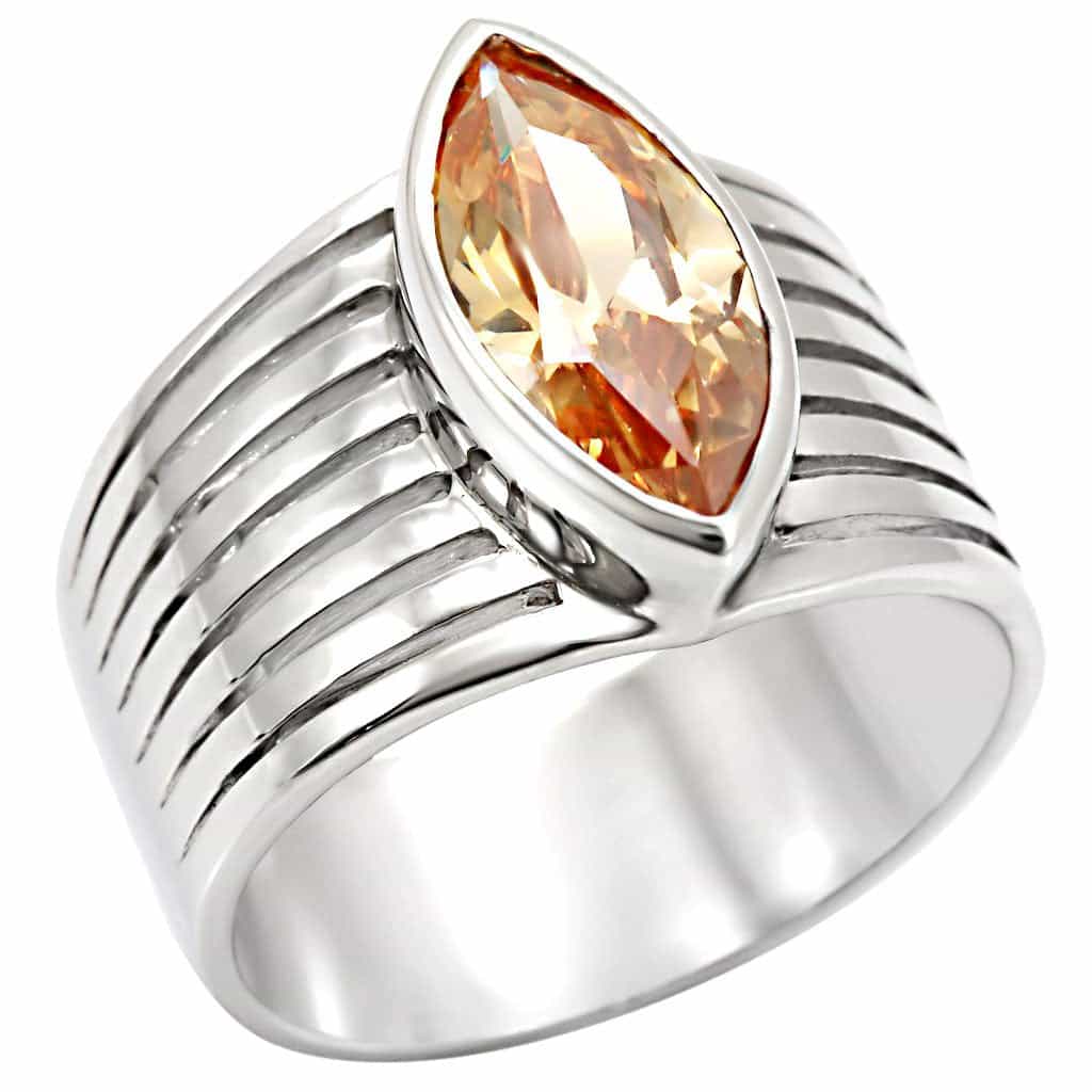 Sterling Silver Champagne CZ Marquise Ribbed Wide Band Ring view 1