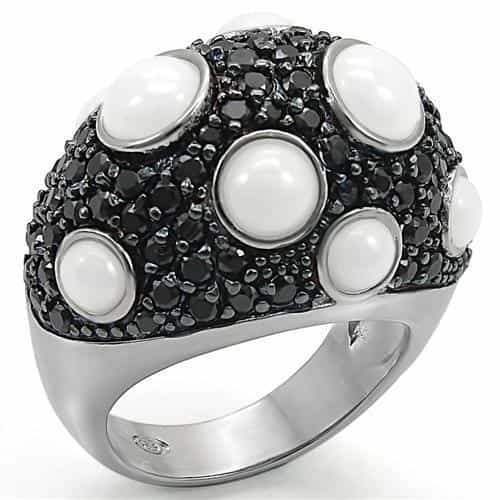 Sterling Silver White Pearl Black CZ Pave Dome Ring view 2