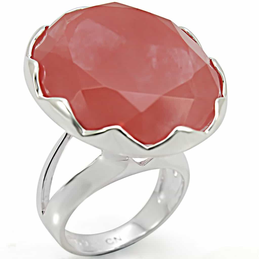 Sterling Silver Pink Coral Faceted Round Scallop Ring view 1