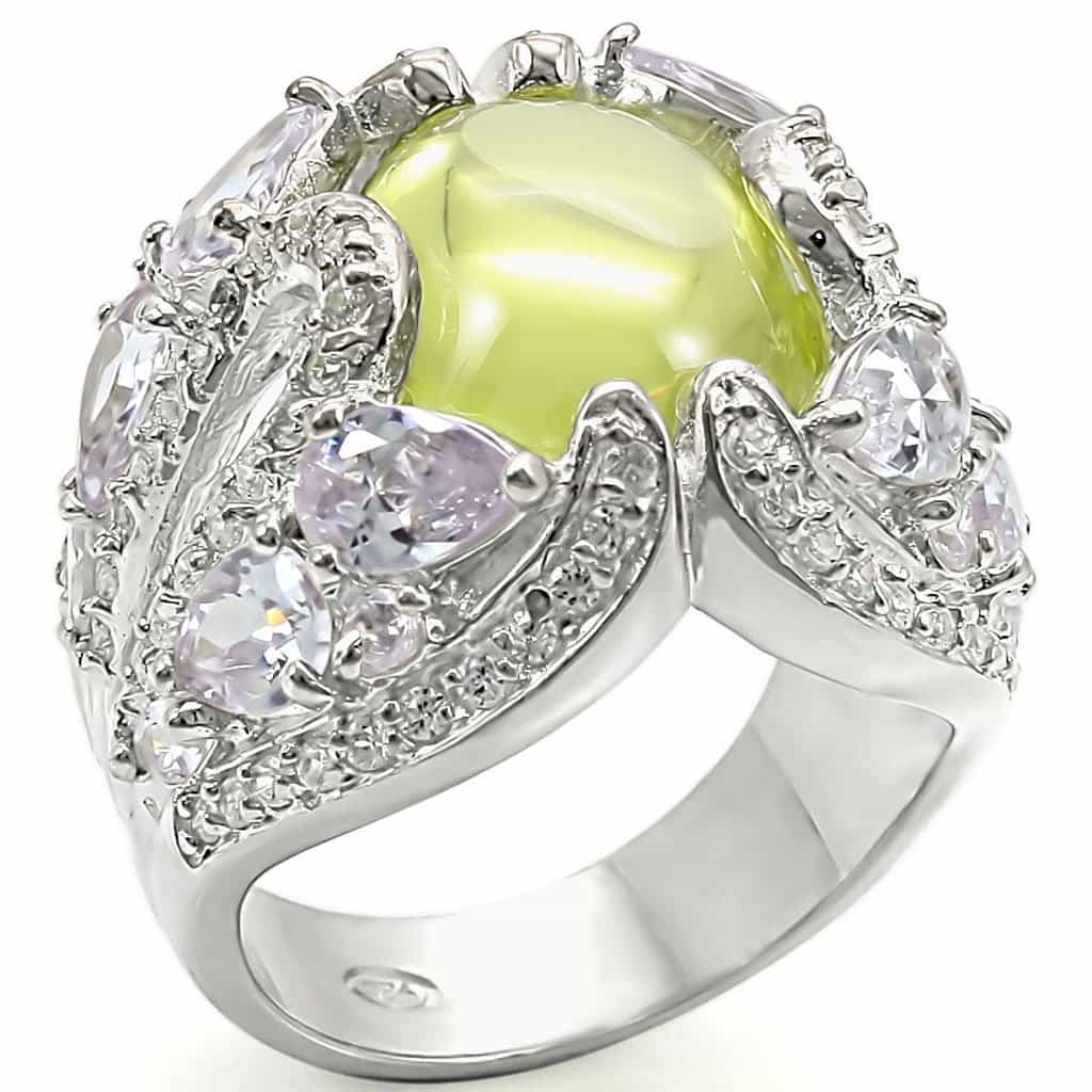 Sterling Silver Green Cat Eye CZ Leaf Vine Dome Ring view 2