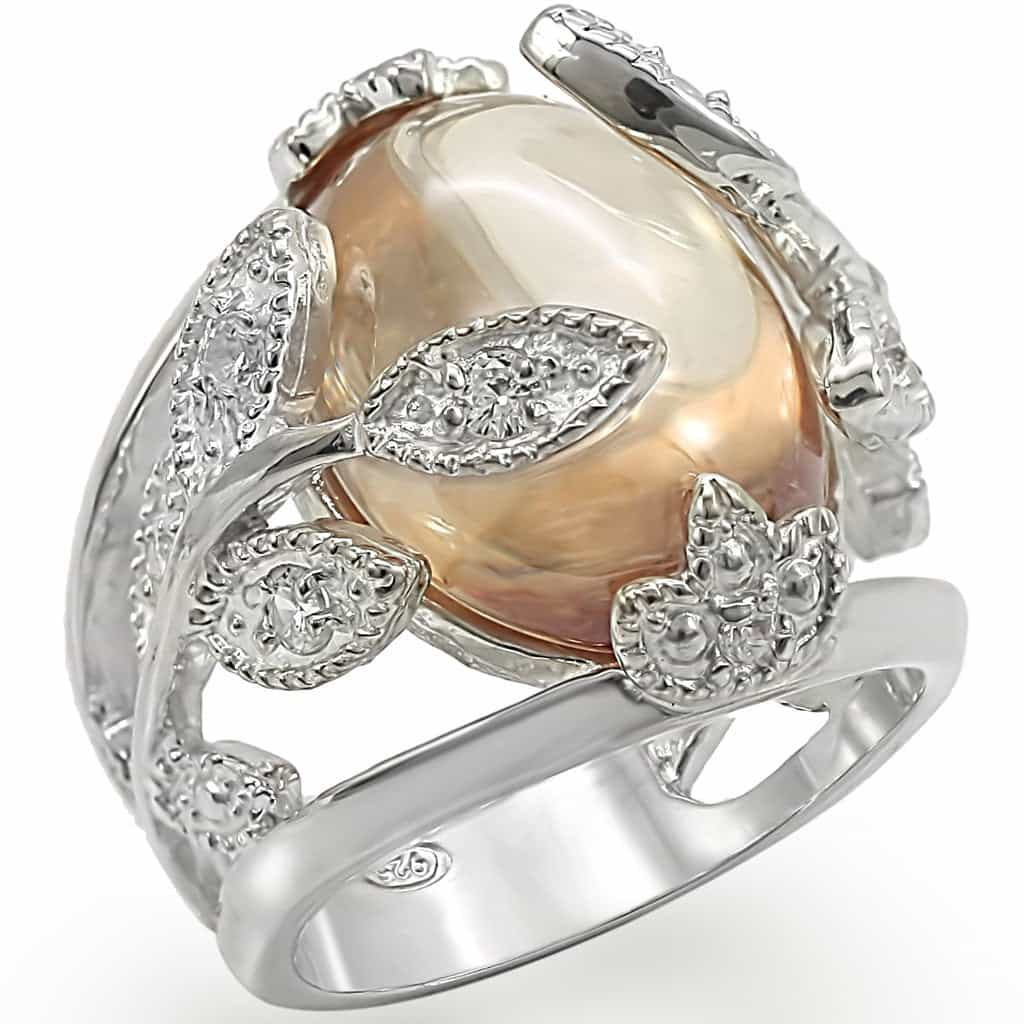 Sterling Silver Champagne Pearl CZ Leaf Vine Dome Ring view 1