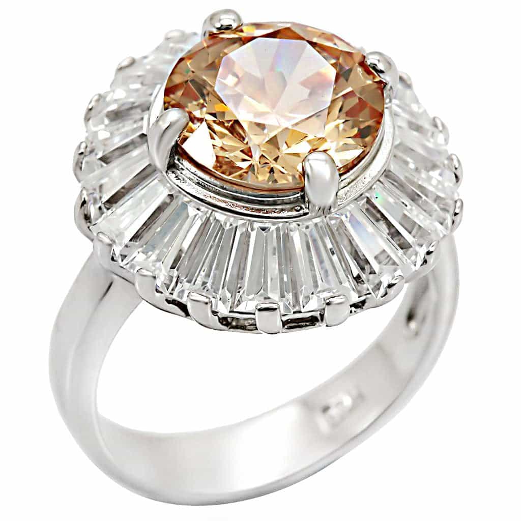 Sterling Silver Champagne CZ Round Baguette Fan Halo Ring view 1