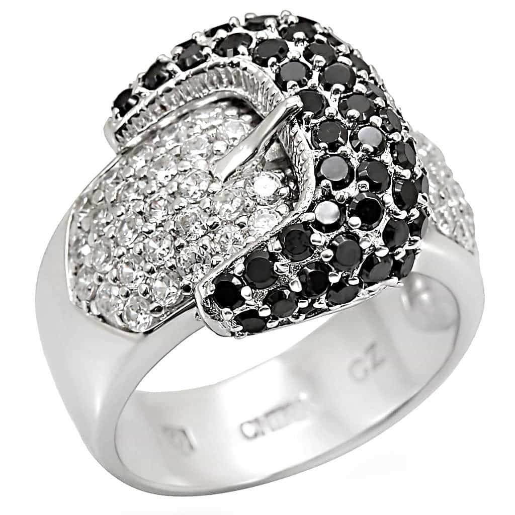 Sterling Silver Black White CZ Pave Buckle Dome Ring view 1