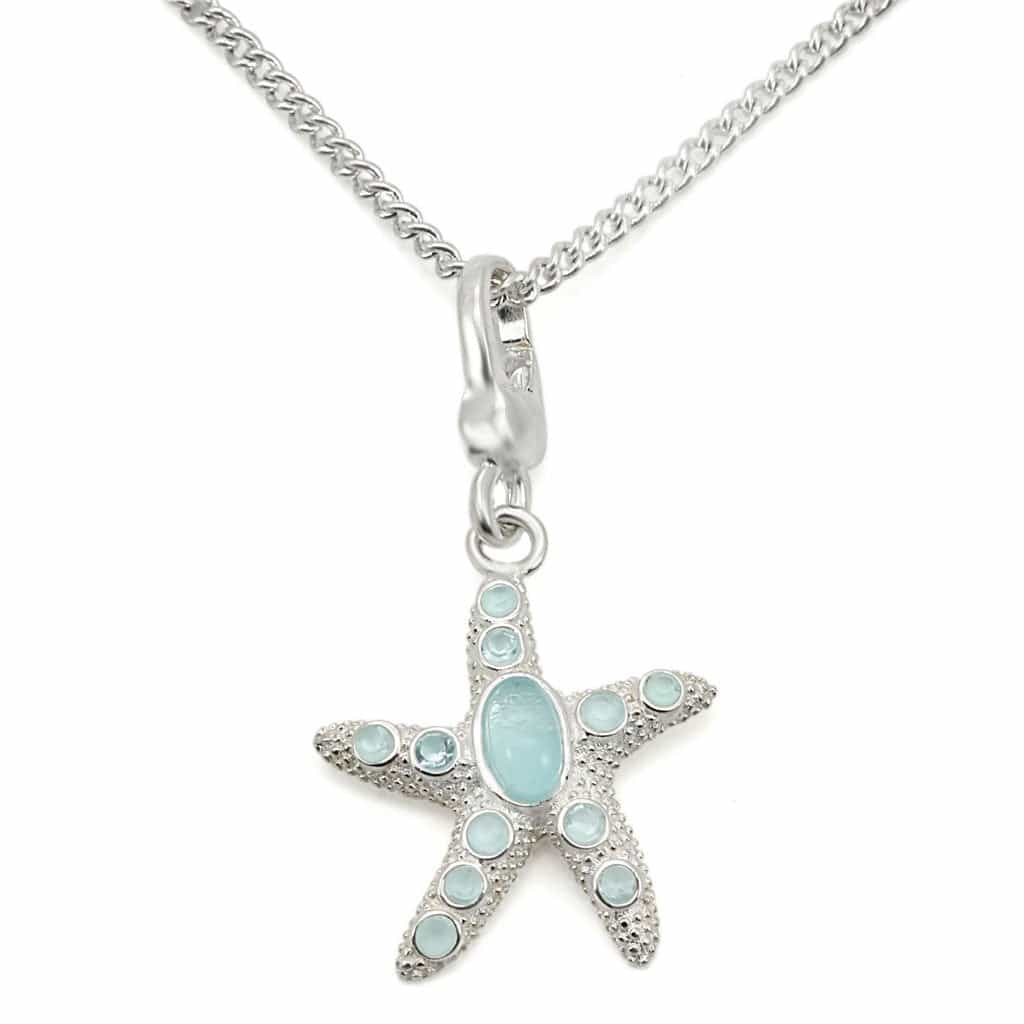 Sterling Silver Blue Opal CZ Starfish Charm Pendant Necklace view 1