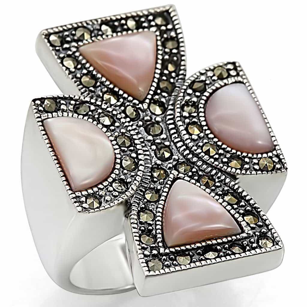 Sterling Silver Pink Mother of Pearl Marcasite Cross Ring view 1