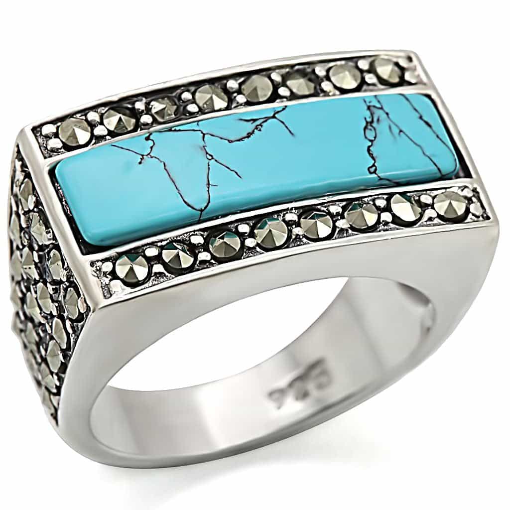 Sterling Silver Turquoise Rectangle Marcasite Wide Band Ring view 1