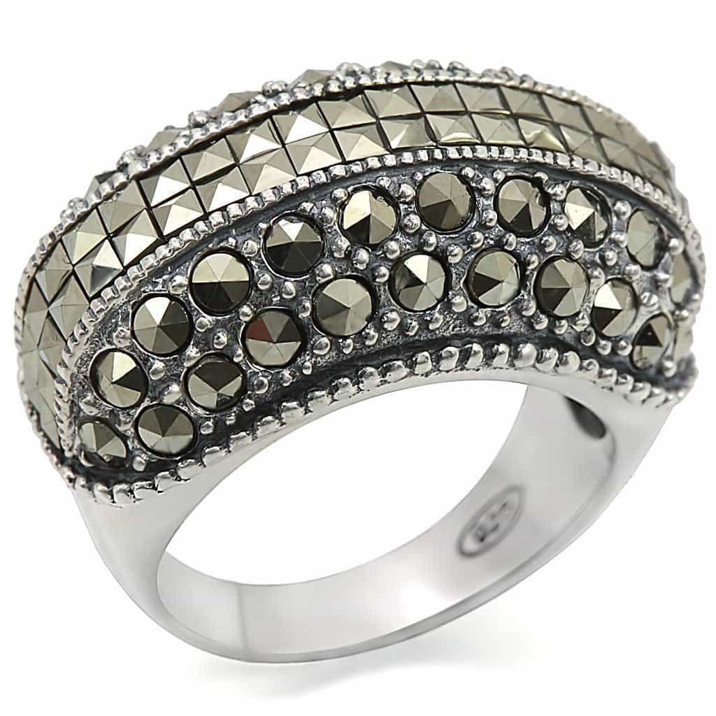 Sterling Silver Marcasite Faceted Pave Wide Band Ring view 1