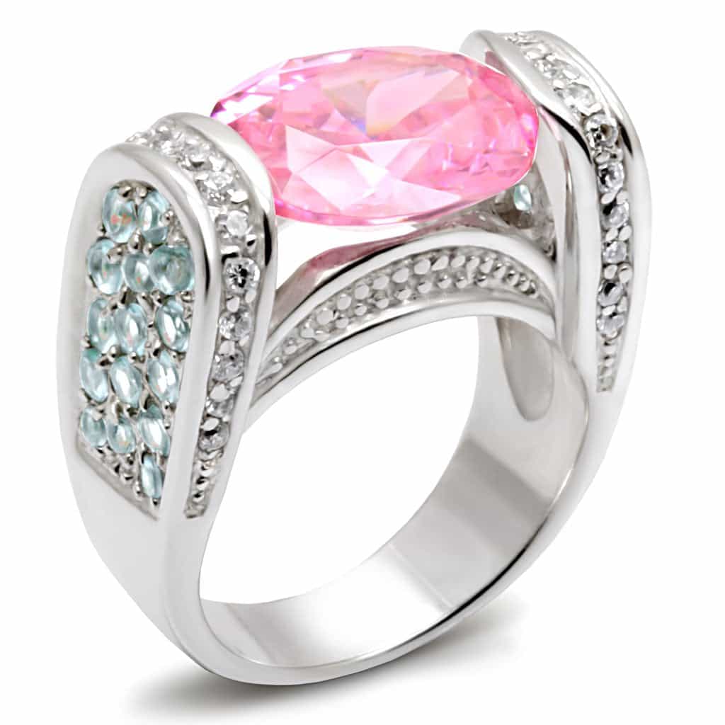 Sterling Silver Pink CZ Oval Aqua Blue Pave Cocktail Ring view 1