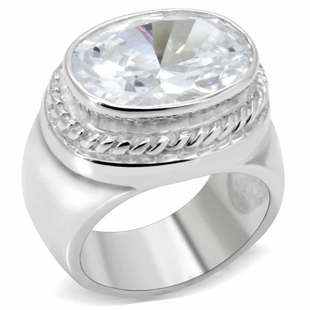 Sterling Silver CZ Oval Bezel Rope Frame Signet Ring view 1
