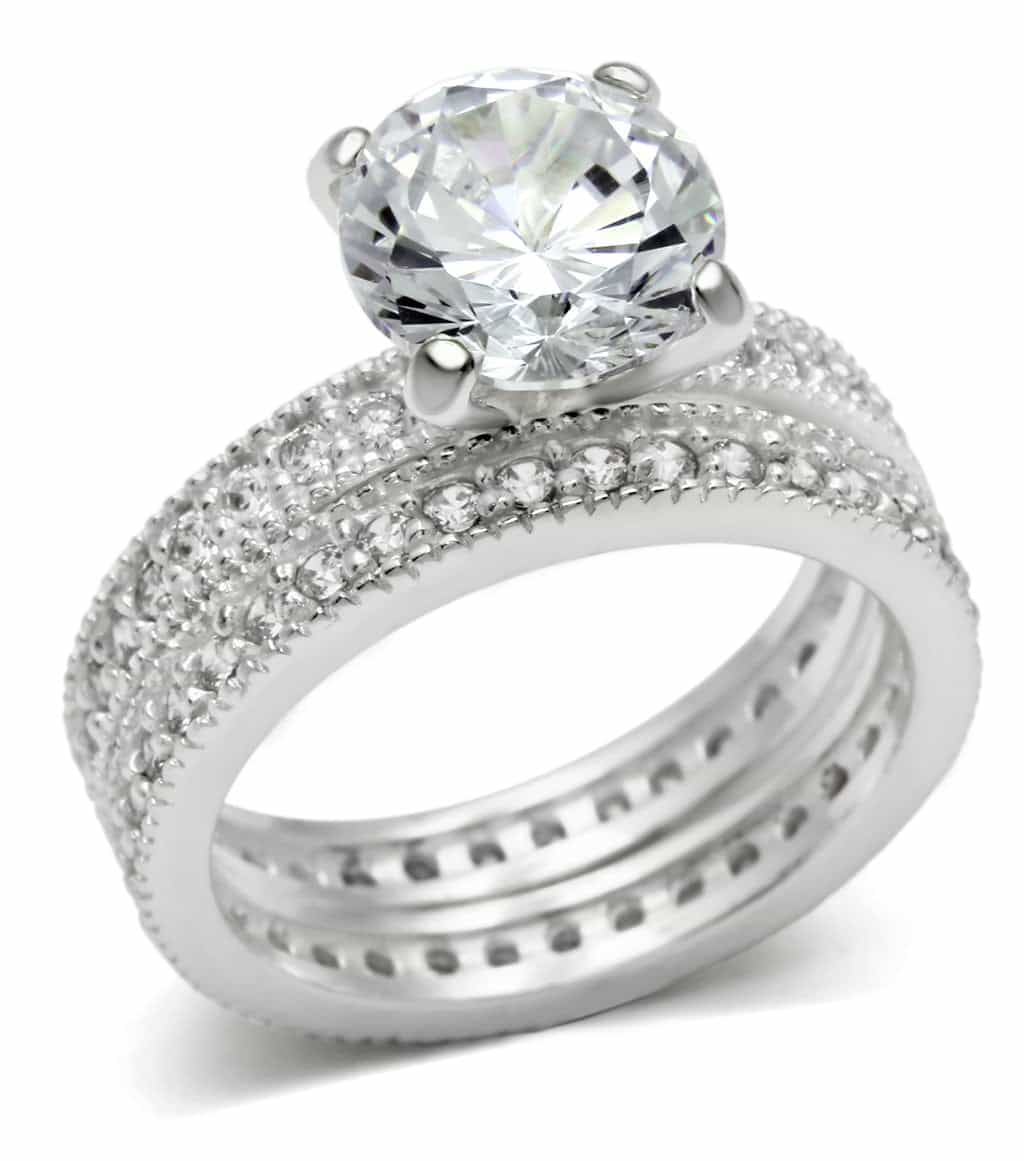 Sterling Silver CZ Round Solitaire Pave Triple Band Bridal Ring view 3