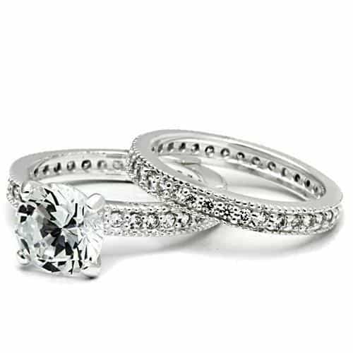 Sterling Silver CZ Round Solitaire Pave Triple Band Bridal Ring view 2