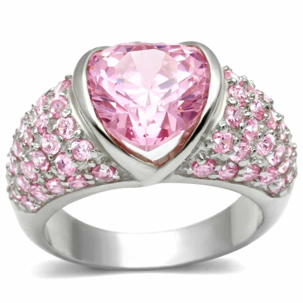 Sterling Silver Pink CZ Heart Pave Dome Cocktail Ring view 1