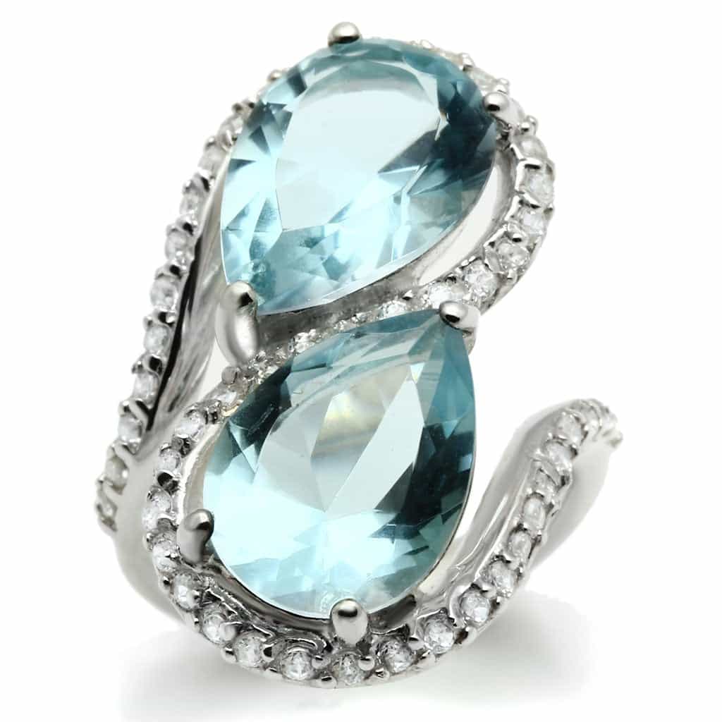 Sterling Silver Aqua Blue CZ Double Pear Bypass Cocktail Ring view 1