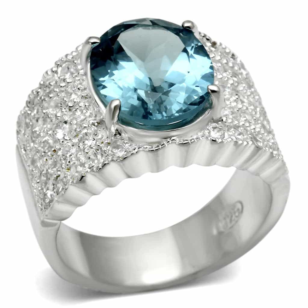 Sterling Silver Blue Topaz Oval CZ Pave Wide Band Ring view 1
