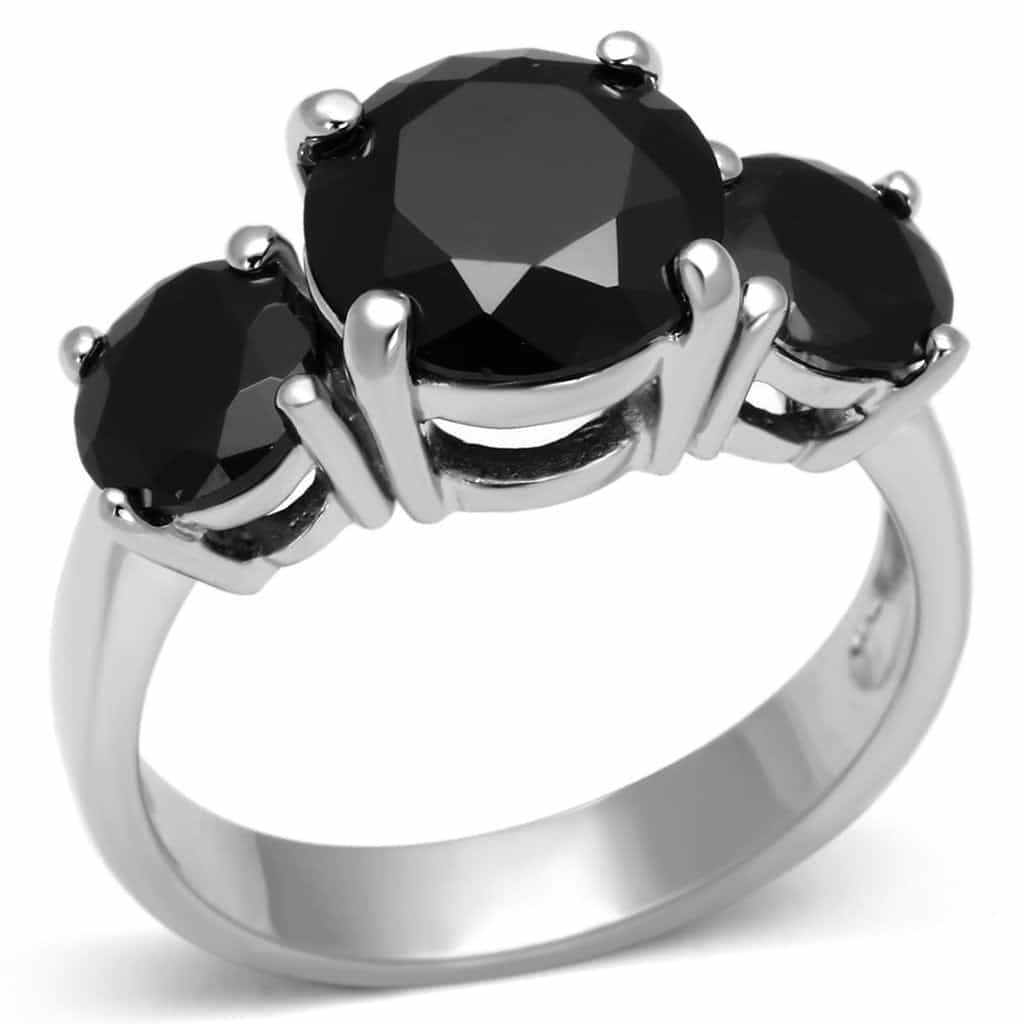 Sterling Silver Black CZ Round Three Stone Ring view 1