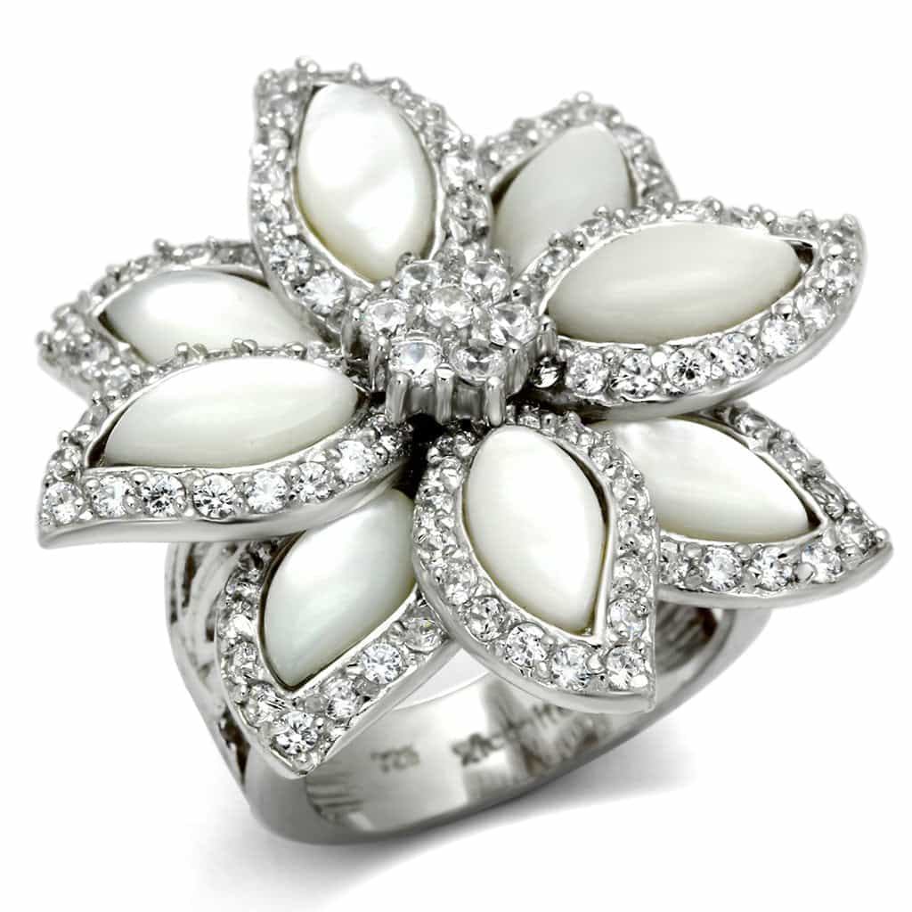 Sterling Silver White Mother of Pearl CZ Marquise Flower Ring view 1