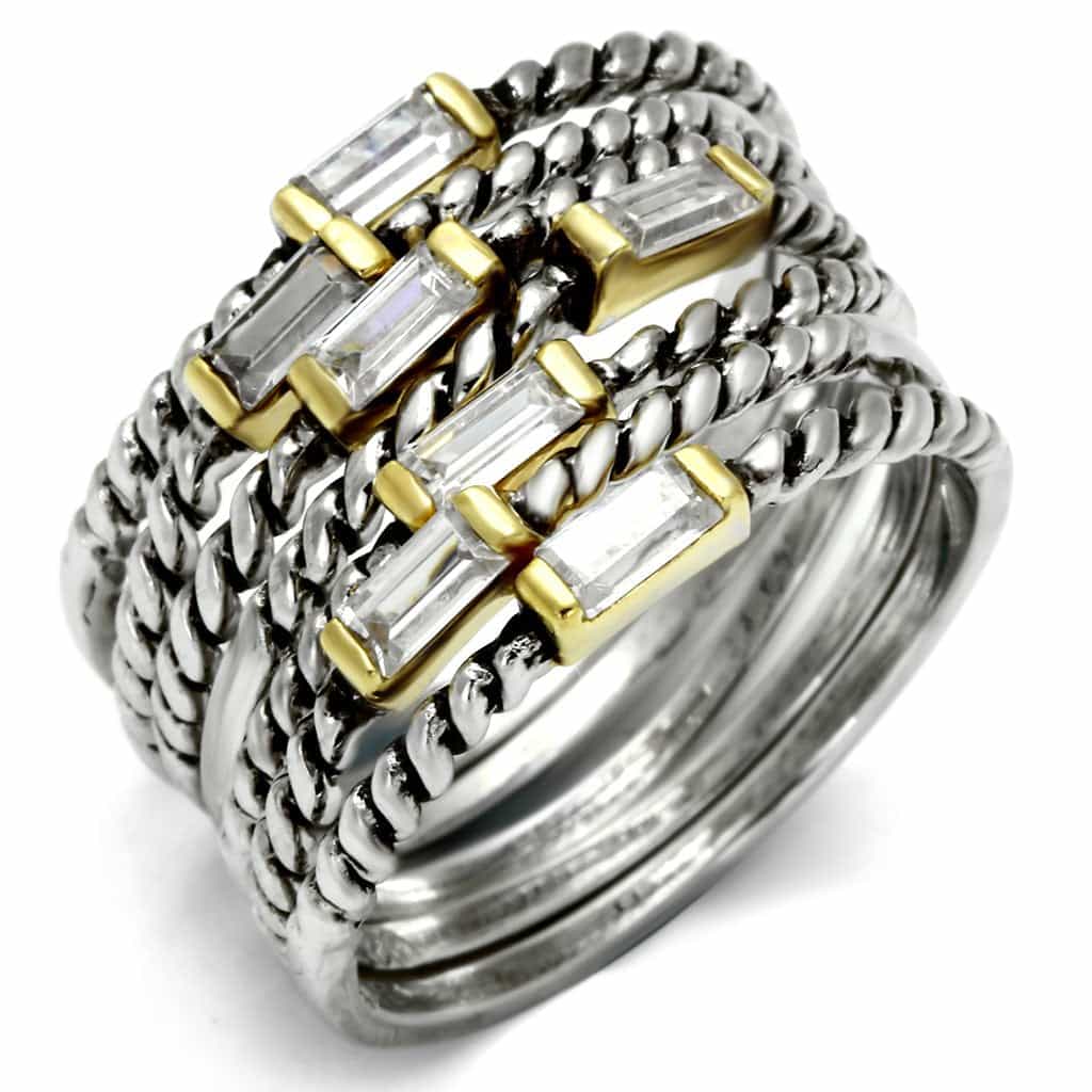 Sterling Silver Gold Two Tone CZ Baguette Rope Stack Band Ring view 1
