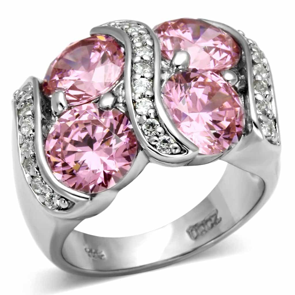 Sterling Silver Pink CZ Triple Round Cluster Bypass Ring view 2