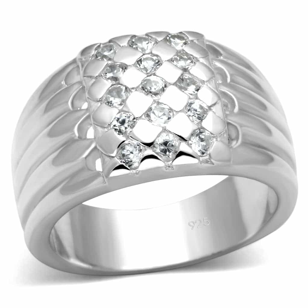Sterling Silver CZ Round Checkerboard Wave Wide Band Ring view 1