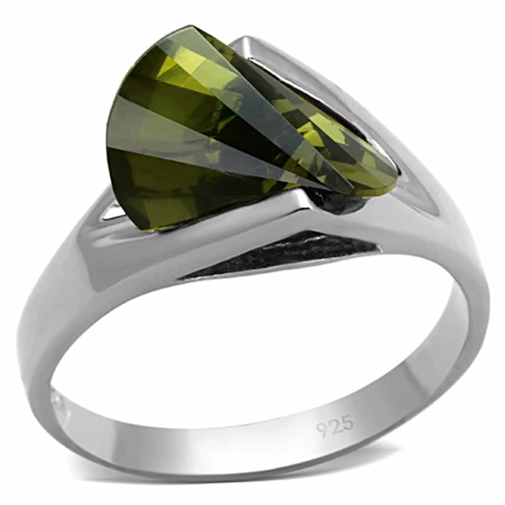 Sterling Silver Olive Green CZ Fancy Cut Wedge Solitaire Ring view 1