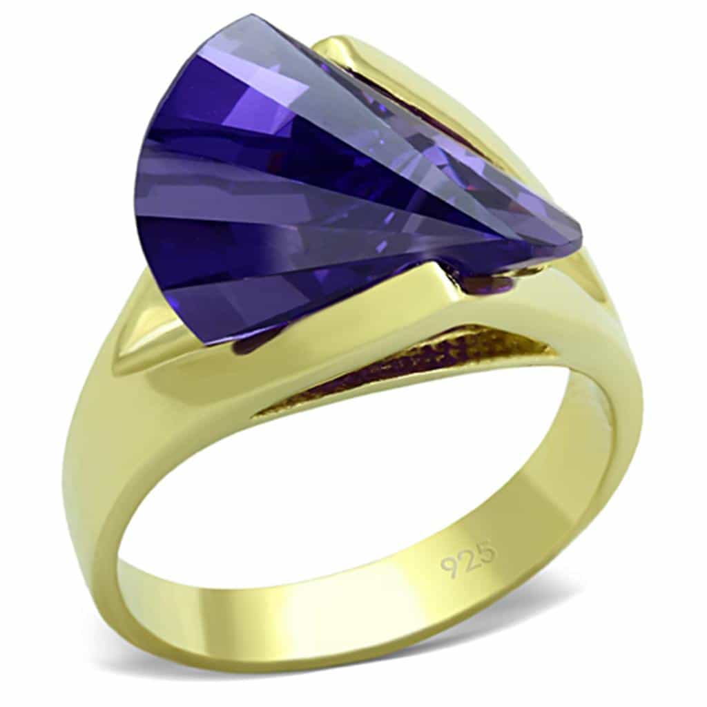 Sterling Silver Gold Purple Amethyst CZ Fancy Cut Wedge Ring view 1