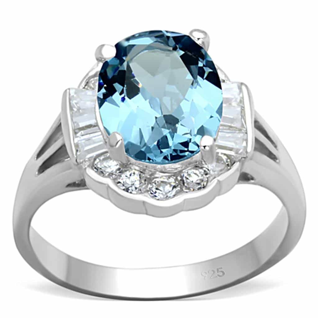 Sterling Silver Aqua Blue CZ Oval Baguette Halo Cocktail Ring view 1