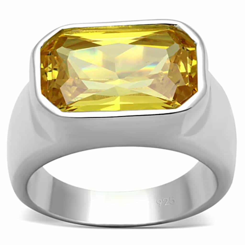 Sterling Silver Yellow Citrine Emerald Cut Bezel Signet Ring view 1