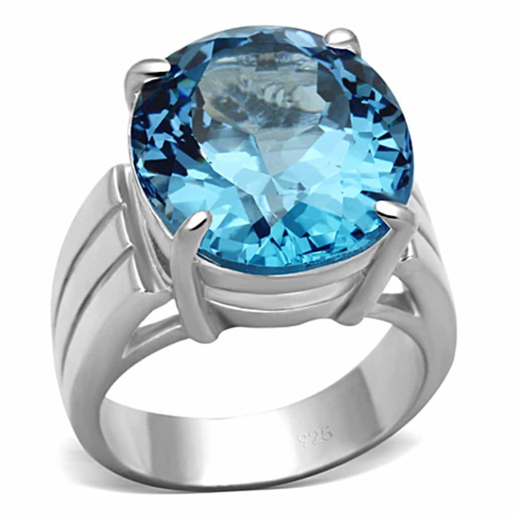 Sterling Silver Aqua Blue CZ Round Prong Solitaire Ring view 1