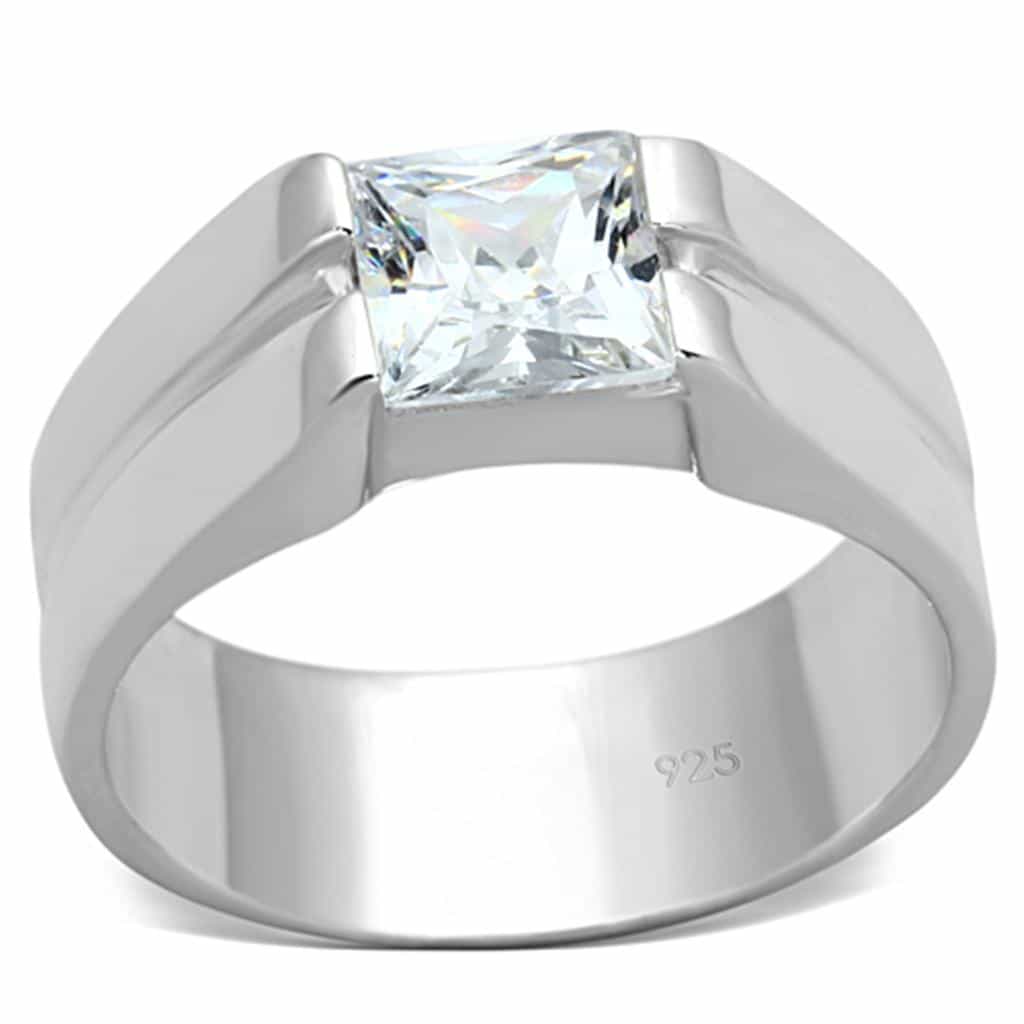 Sterling Silver CZ Princess Cut Bezel Modern Wide Band Ring view 1