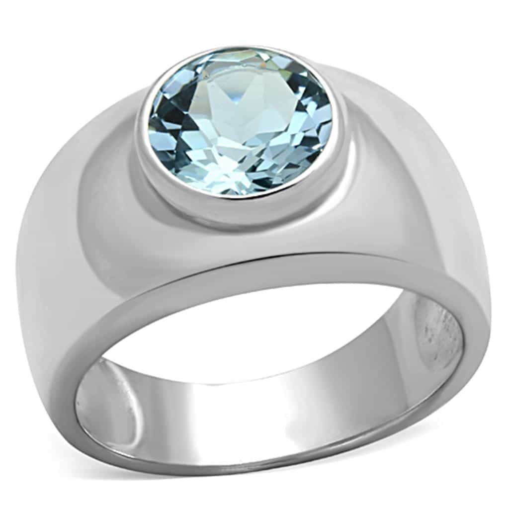 Sterling Silver Aqua Blue Round Bezel Slim Dome Ring view 1