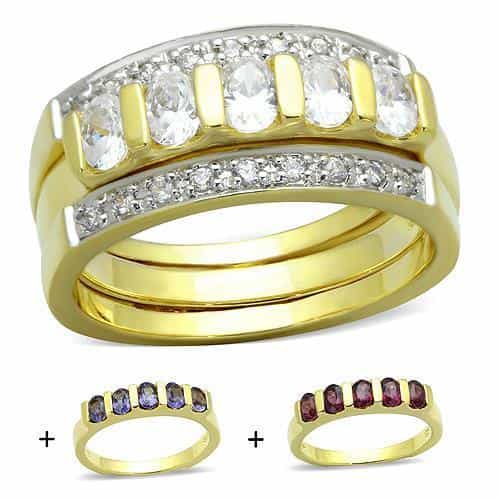 Sterling Silver Gold CZ Oval Round Channel Three Band Stack Ring view 1