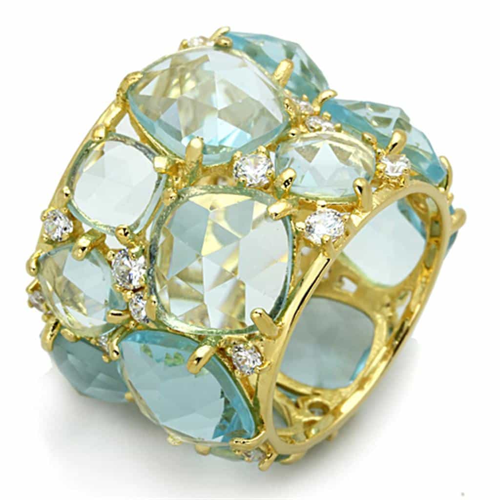 Sterling Silver Gold Aqua Blue CZ Faceted Cluster Wide Band Ring view 3