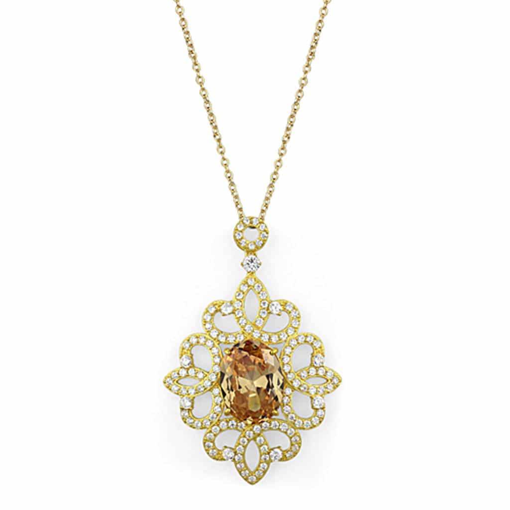 Sterling Silver Gold Champagne CZ Ornate Flower Pendant Necklace view 1